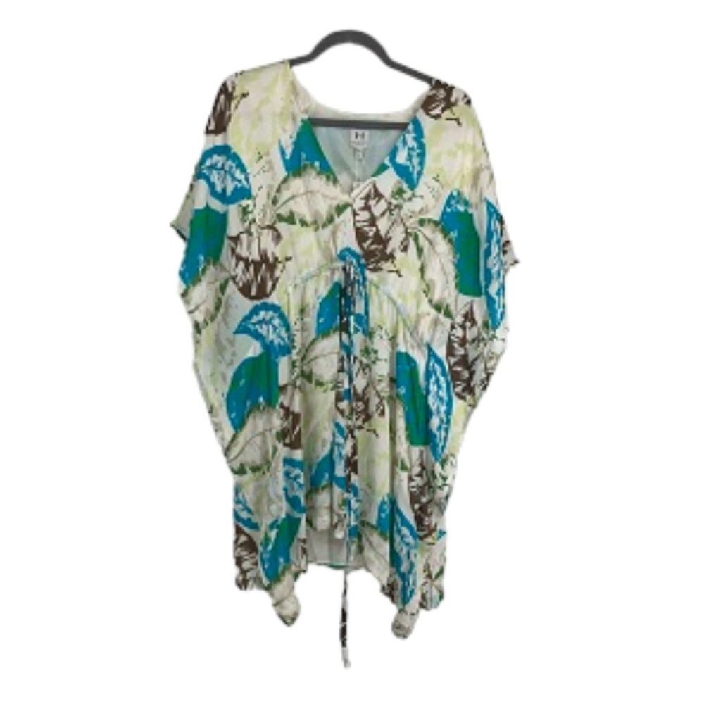 Nwt Halston Heritage Blue Green & Ivory Leaf Motif Drawstring 100% Silk Caftan 4